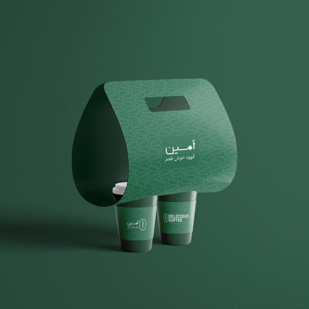 green coffee holder with two coffee cups, both green and designed by visual identity