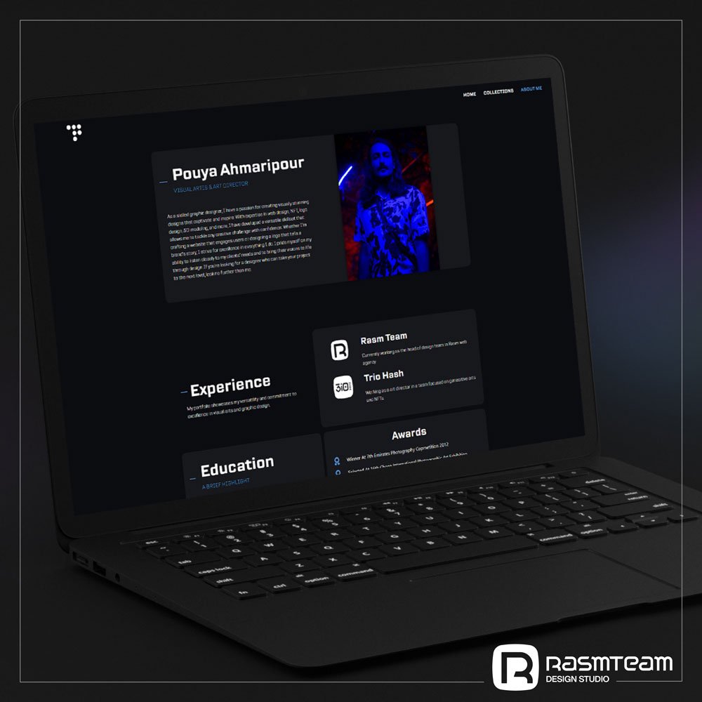 painter and digital artist website design mockup on a black laptop and dark background